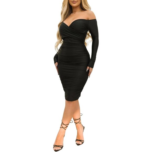 Women's Black Off Shoulder Midi Dress Ruched Long Sleeve Elegant Party